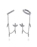 14k White Gold Diamond Lotus Single Stud With Chain Drop And Diamond Ear Cuff