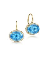 14K Yellow Gold Diamond and Blue Topaz Oval Shape Earrings With Flower Pattern J-Back
