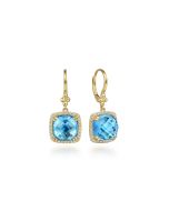 14K Yellow Gold Bujukan Cushion Blue Topaz’s with Diamond Halo Earrings