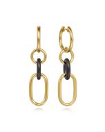 Ceramic - 14K Yellow Gold Hollow Tube and Black Oval Ceramic Link Huggie Drop Earrings