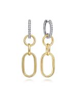 14K White and Yellow Gold Diamond Hollow Tube Huggie Drop Earrings