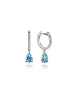 14K White Gold Diamond and Blue Topaz Huggie Drop Earrings