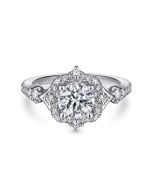 Veronique - Unique 14K White Gold Vintage Inspired Halo Diamond Semi-Mount Ring