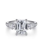Genna - 14K White Gold Emerald Cut Three Stone Semi-Mount Ring