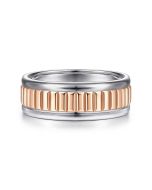 Allan - 14K White-Rose Gold 8mm - Two Tone Carved Men's Wedding Band in High Polish Finish