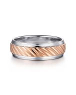 August - 14K White-Rose Gold 7mm - Two Tone Carved Men's Wedding Band