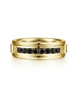 Enzo - 14K Yellow Gold Black Diamond Men's Wedding Ring in Sand Blast Finish