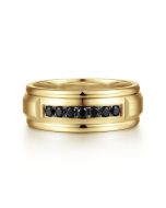 Everett - 14K Yellow Gold Black Diamond Men's Wedding Ring in Satin Finish