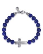 Sterling Silver and 8mm Lapis Beaded Bracelet with Cross
