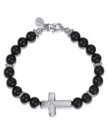 Sterling Silver and 8mm Onyx Beaded Bracelet with Cross