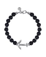 Sterling Silver and 8mm Onyx Beaded Bracelet with Anchor
