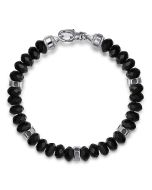 925 Sterling Silver 8mm Matte Faceted Flat Round Onyx Beaded Bracelet