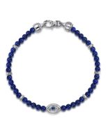 925 Sterling Silver 4mm Lapis and Sapphire Beaded Bracelet with Evil eye