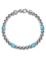 925 Sterling Silver 6mm ball and Turquoise Cylinder Beaded Bracelet