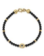 14K Yellow Gold 4mm Onyx and Sapphirel Beaded Bracelet with Evil eye