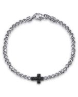 925 Sterling Silver and 4mm Silver Beaded Mens Bracelet with Black Spinel Cross