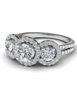 14k White Gold Three Stone Halo Engagement Ring Front View