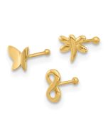 Astra 14K 22 Gauge Polished Infinity Symbol, Dragonfly and Butterfly Nose Stud