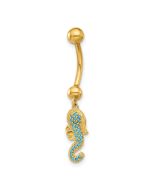Isolde 14K 14 Gauge Polished Blue CZ Seahorse Dangle Navel/Belly Ring