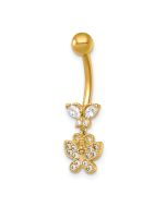 Zephira 14k 14 Gauge Polished and Beaded CZ Dangling Butterfly Navel Ring