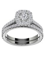 14k White Gold Halo Diamond Engagement Set Top View