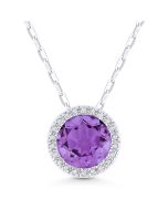 Front View Amethyst and Diamond Pendant with Chain in White Gold