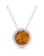 Front View Citrine and Diamond Pendant with Chain in White Gold