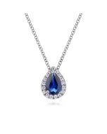 18 inch 14K White Gold Pear Shaped Sapphire and Diamond Halo Pendant Necklace