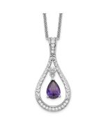 Sentimental Expressions Sterling Silver Rhodium-plated Feb. CZ Stone Never Forget Tear 18 Inch Birthstone Necklace