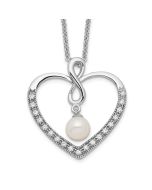 Sentimental Expressions Sterling Silver Rhodium-plated CZ and FW Cultured Pearl My Friend 18in Heart Necklace