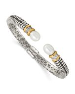 Evelisse Shey Couture Sterling Silver with 14K Accent Antiqued 10x7.5mm Freshwater Cultured Pearl and Diamond Hinged Cuff Bracelet