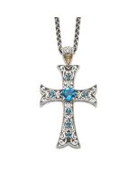 Cool Sun Shey Couture Sterling Silver with 14K Accent 18 Inch Antiqued Round London Blue Topaz Cross Necklace