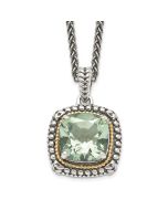 Bright Halo Shey Couture Sterling Silver with 14K Accent 18 Inch Antiqued Cushion Green Quartz Necklace