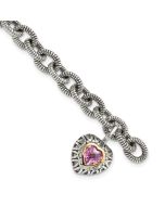 Ophira Shey Couture Sterling Silver with 14K Accent 7.5 Inch Antiqued Heart Bezel Created Pink Sapphire Heart Charm Bracelet
