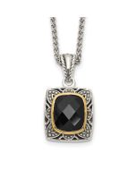 Shey Couture Sterling Silver 14K Accent 18 Inch Antiqued Checkerboard-cut Black Onyx Necklace