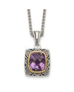 Bright Wren Classic Lily Shey Couture Sterling Silver with 14K Accent 18 Inch Antiqued Checkerboard-cut Cushion Bezel Amethyst Necklace