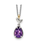 Bright Violet Gilded Cove Shey Couture Sterling Silver with 14K Accent 18 Inch Leaves with Checkerboard Pear Shaped Amethyst Necklace with 2 Inch Extender