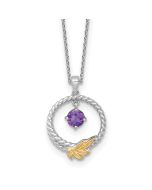 Moonlit Sonata Gleaming River Shey Couture Sterling Silver Rhodium-plated Twisted Circle with 14k Leaf Accent Round Amethyst Dangle 18 inch with 2 inch Extension Necklace