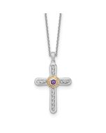 Lustrous Equinox Shey Couture Sterling Silver Rhodium-plated with 14k Accent Round Amethyst Textured Cross 18 inch with 2 inch Extension Necklace