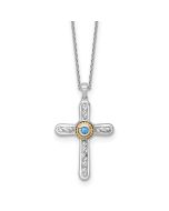 Dawn Mesa Shey Couture Sterling Silver Rhodium-plated with 14k Accent Round London Blue Topaz Textured Cross 18 inch with 2 inch Extension Necklace