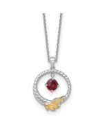 Bright Wren Shey Couture Sterling Silver Rhodium-plated Twisted Circle with 14k Leaf Accent Round Garnet Dangle 18 inch with 2 inch Extension Necklace