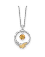 Warm Meadow Shey Couture Sterling Silver Rhodium-plated Twisted Circle with 14k Leaf Accent Round Citrine Dangle 18 inch with 2 inch Extension Necklace