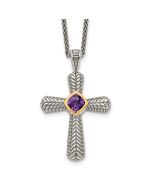 Amber Iris Refined River Shey Couture Sterling Silver with 14K Accent 18 Inch Antiqued Cushion Bezel Amethyst Cross Necklace