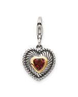 Graceful Magnolia Modern Wren Shey Couture Sterling Silver with 14K Accent Antiqued Heart Shaped Garnet with Lobster Clasp Heart Charm