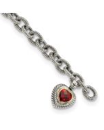 Maelis Shey Couture Sterling Silver with 14K Accent 7.25 Inch Antiqued Checkerboard Garnet Heart Link Bracelet