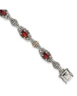 Rhea Shey Couture Sterling Silver with 14K Accent Antiqued Oval Garnet 7.25 inch Bracelet