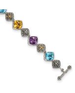 Zephira Shey Couture Sterling Silver with 14K Accent 8.25 Inch Antiqued Cushion Bezel 7.95Amethyst/7.1Blue Topaz/5.3Citrine Bracelet