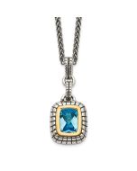 Silken Laurel Shey Couture Sterling Silver with 14K Accent 18 Inch Antiqued Cushion Bezel Swiss Blue Topaz Necklace