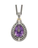 Rosy Wren Shey Couture Sterling Silver with 14K Accent 18 Inch Antiqued Diamond and Pear Shaped Amethyst Necklace