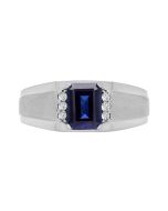 Sterling Silver Created Sapphire And Diamond Men's Ring